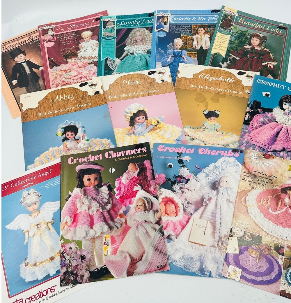 13 Vintage Crochet Doll Fashion Patterns Bed Dolls Charming Doll Fibre Craft